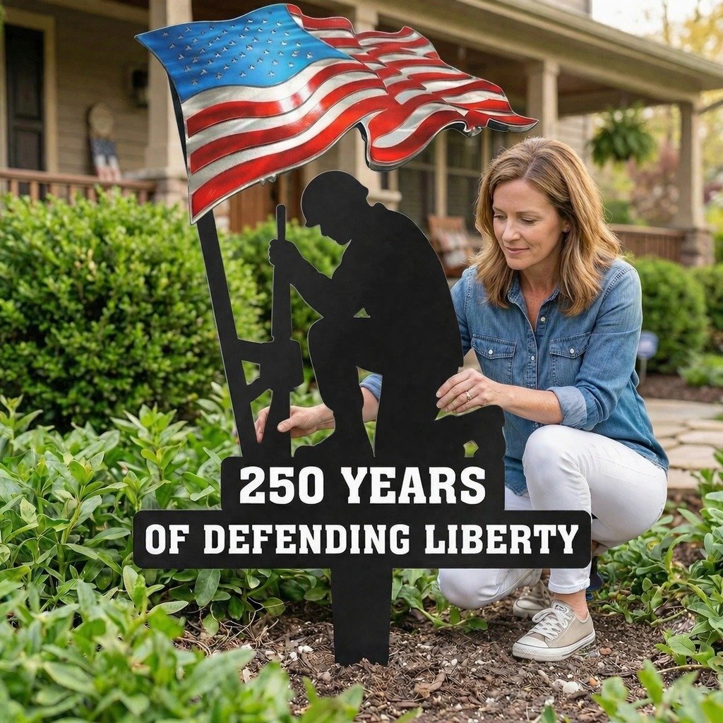 250 Years of Defending Liberty metal garden stake styled beside a path
