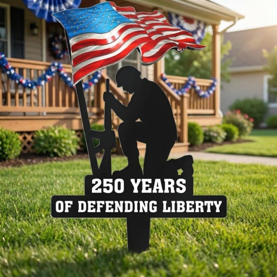 Decorative garden view of the 250 Years of Defending Liberty metal garden stake