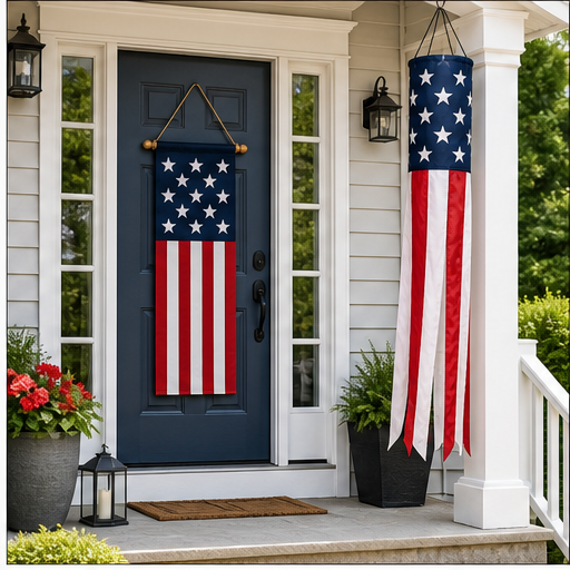 3 Piece Patriotic Porch Decor Set with 2 American Flag Windsocks and Front Door Hanger - Image 3