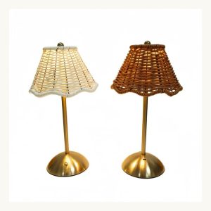 Cordless rattan table lamp with white and brown woven shade options