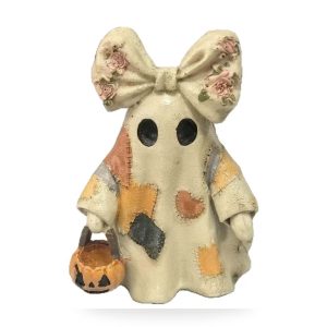 Vintage patchwork ghost figurine with floral bow and pumpkin basket