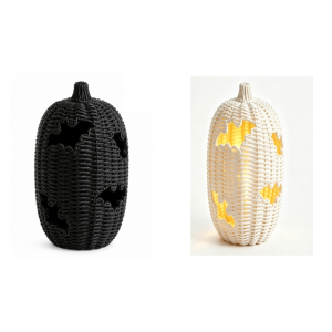 Halloween Woven Pumpkin Lantern with Bat Cutouts, Black and White Pumpkin Decor