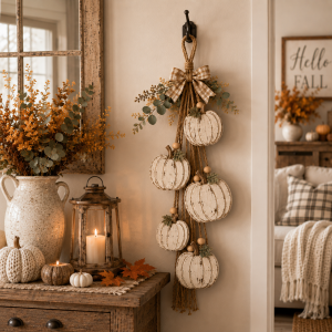 5-Pumpkin Rustic White Hanging Swag - Fall Door and Wall Decor