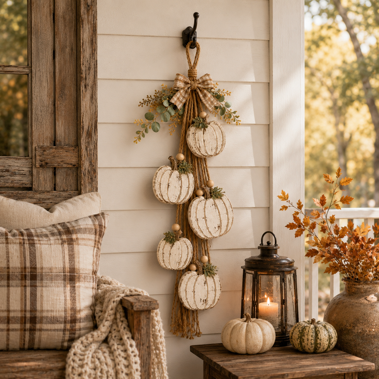 5-Pumpkin Rustic White Hanging Swag - Fall Door and Wall Decor - Image 2