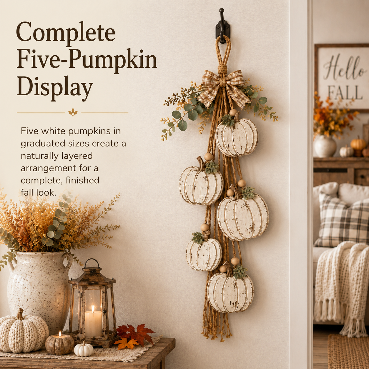 5-Pumpkin Rustic White Hanging Swag - Fall Door and Wall Decor - Image 3