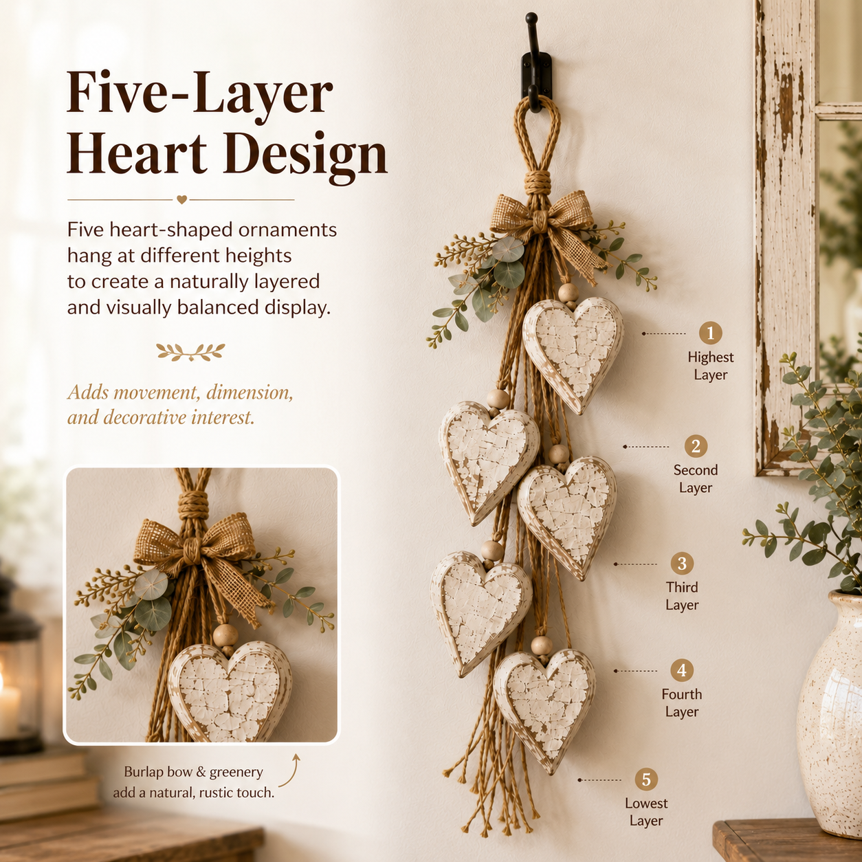 Five-Heart Hanging Wall Decor - Rustic Farmhouse & Coastal Styles - Image 4