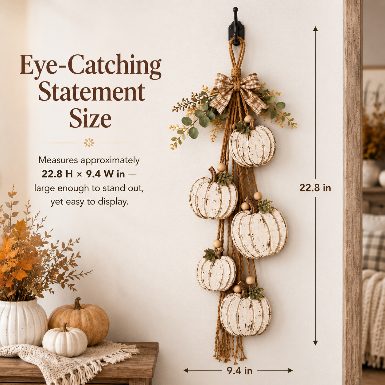 5-Pumpkin Rustic White Hanging Swag - Fall Door and Wall Decor - Image 4