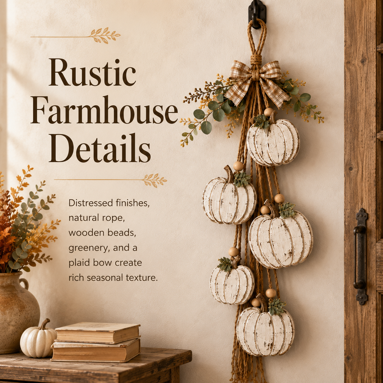5-Pumpkin Rustic White Hanging Swag - Fall Door and Wall Decor - Image 5