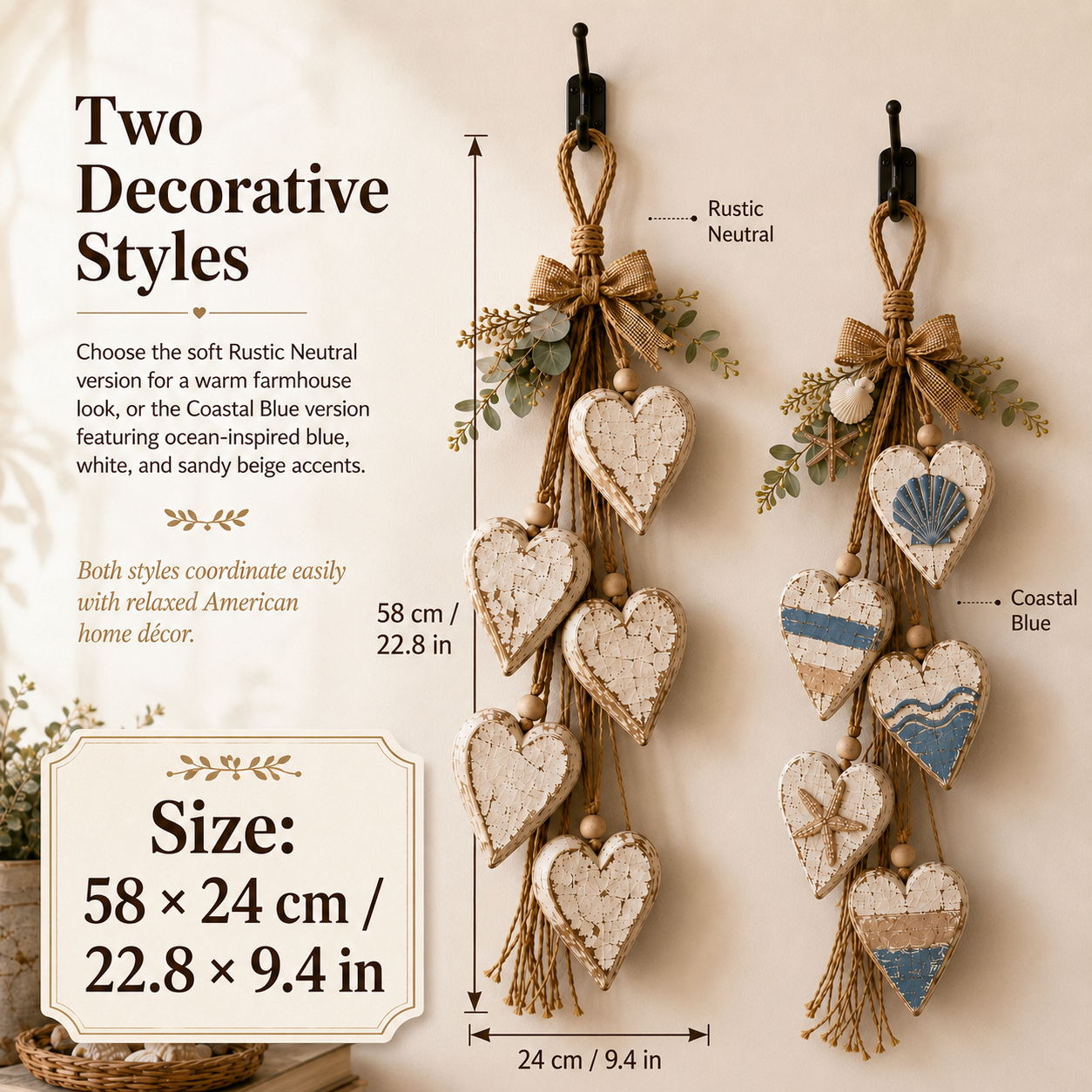 Five-Heart Hanging Wall Decor - Rustic Farmhouse & Coastal Styles - Image 5
