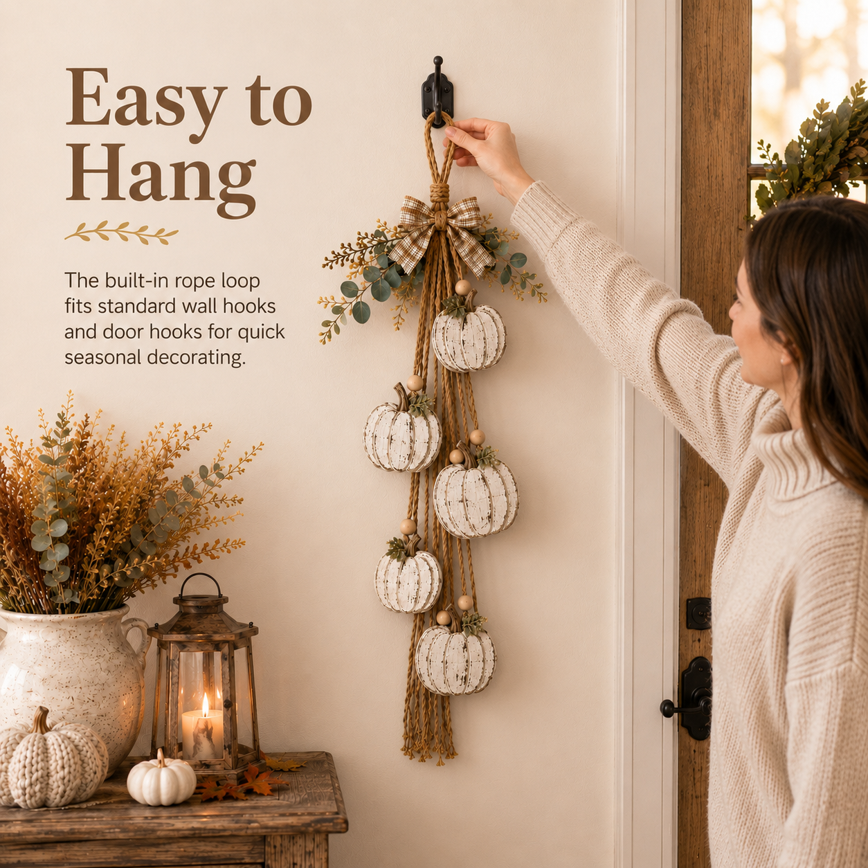 5-Pumpkin Rustic White Hanging Swag - Fall Door and Wall Decor - Image 6