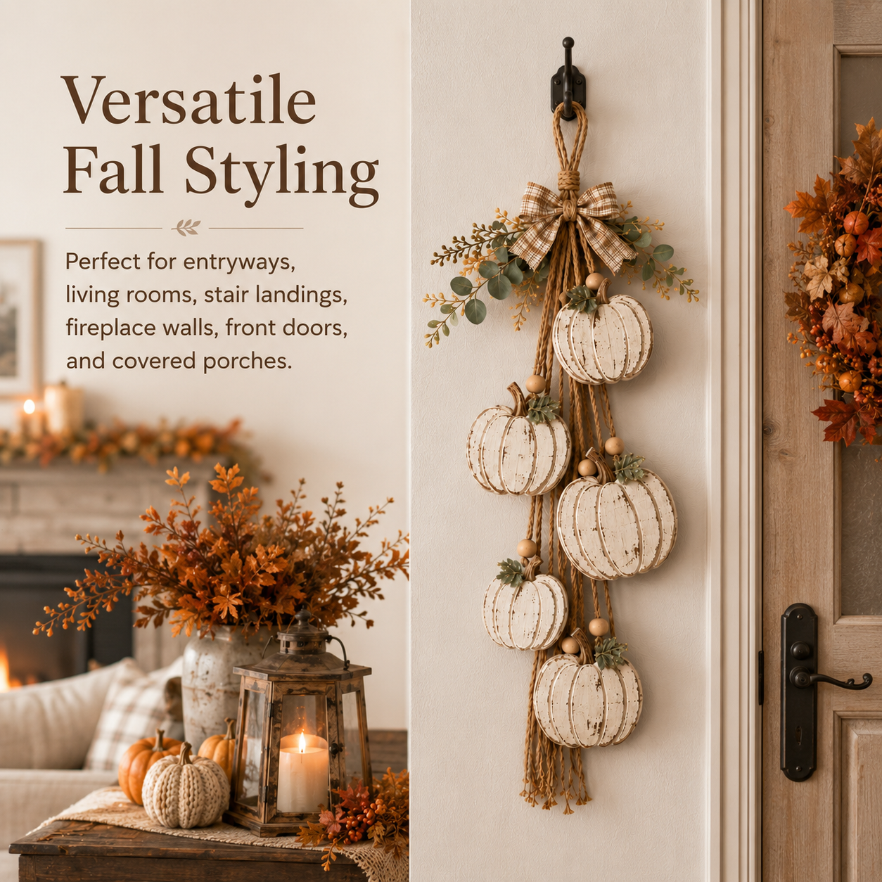 5-Pumpkin Rustic White Hanging Swag - Fall Door and Wall Decor - Image 7